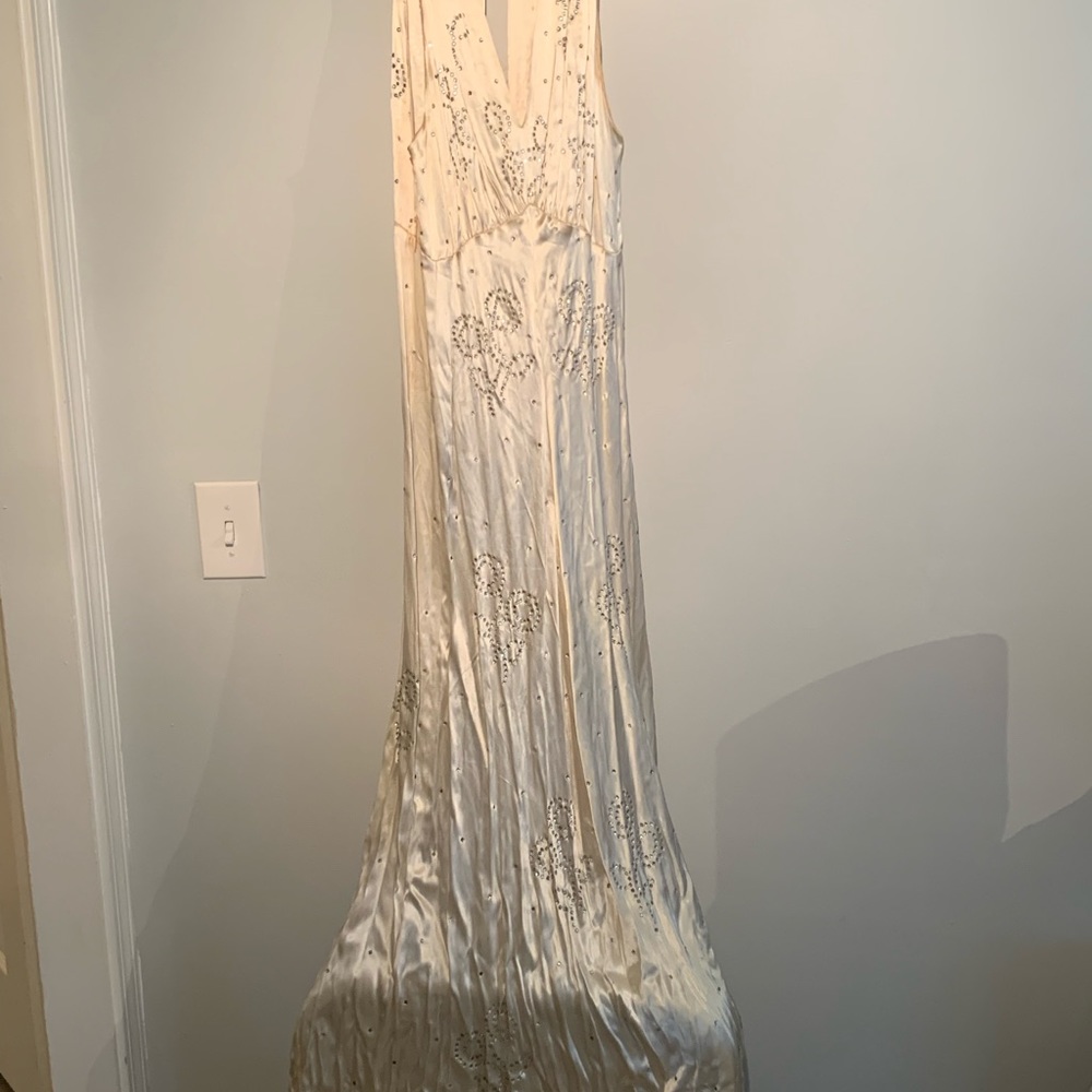 Vintage White Silk Gown w/ Crystal Beading Halter Sexy